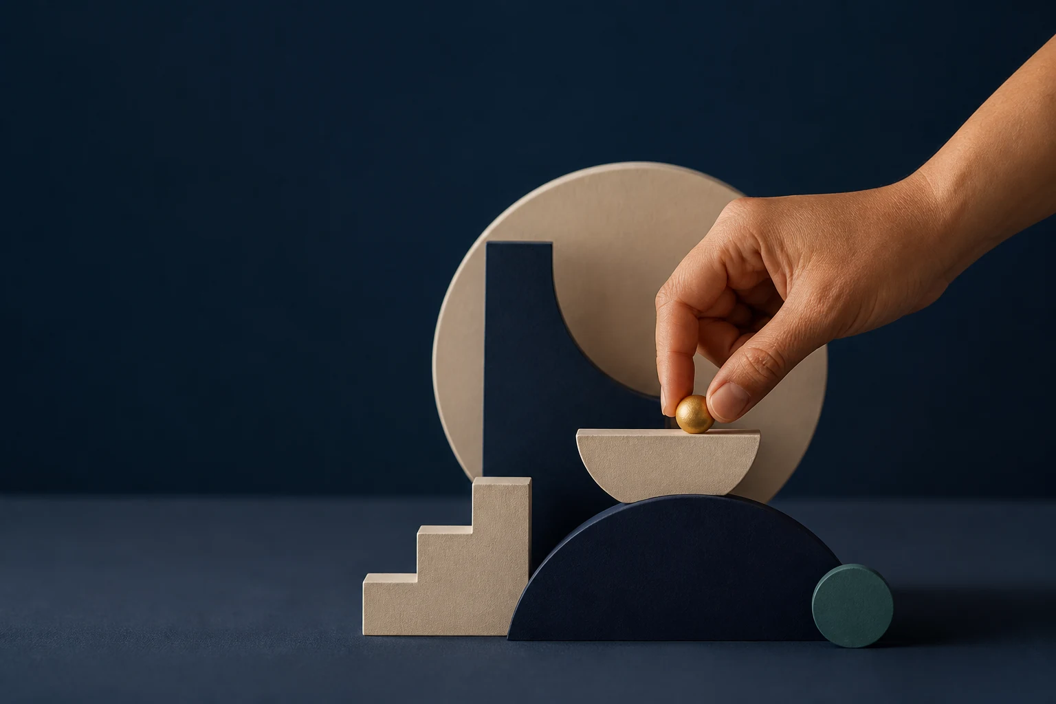 A hand makes the final adjustment to a balanced composition.